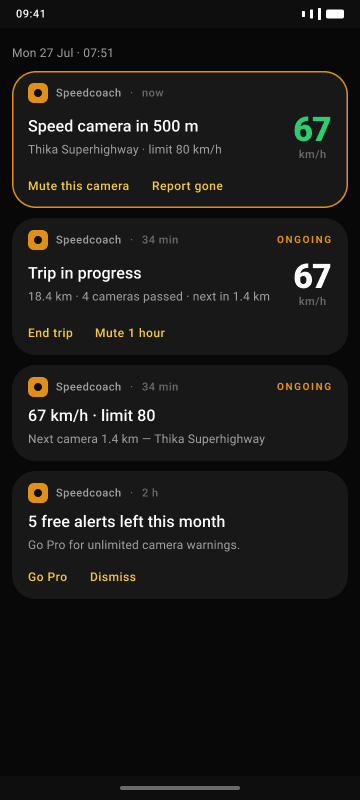 Lock-screen notification warning of an overspeed while another app is in the foreground
