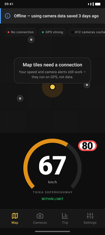 Offline banner with cached camera data still active