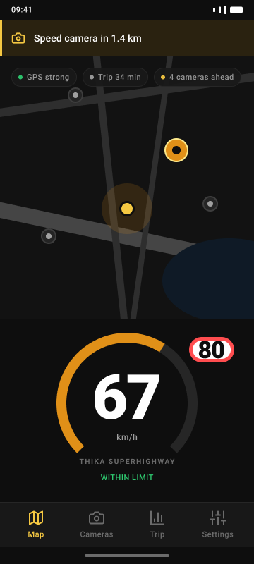 Speedcoach Map & HUD screen showing live speed within the posted limit